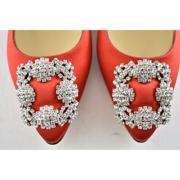 Manolo Blahnik Hangisi Red Satin Silver Jewel Buckle Ballerina Ballet Flat 36 - Picture 7 of 12